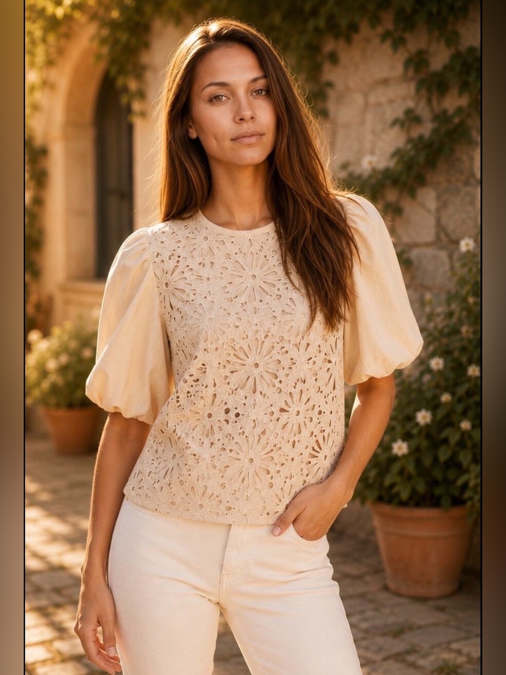 Anniewear Cream Crochet Sequin Puff Sleeve Top Small NWOT 100% Cotton & Lined